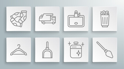 Set line Hanger wardrobe, Garbage truck, Dustpan, Clean cooking pot, Handle broom, Washbasin, Full trash can and Socks icon. Vector