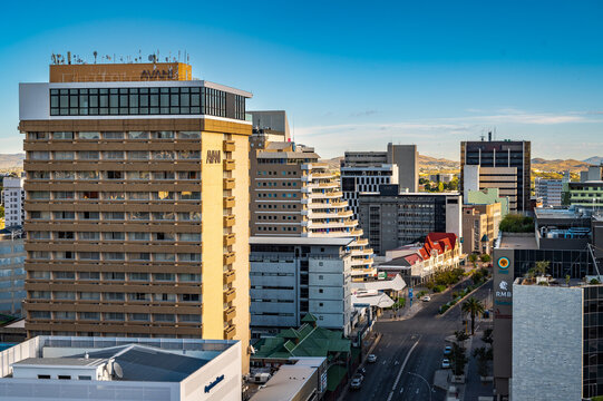 WINDHOEK,NAMIBIA-MARCH 26,2023:Aerial panorama of the capital of Namibia