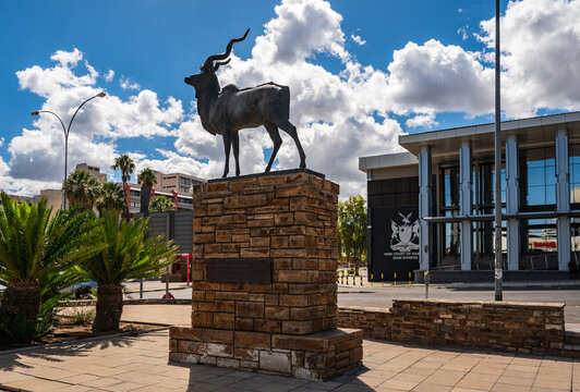 WINDHOEK,NAMIBIA-MARCH 26,2023:Monument to the markhorn antelope kudu in the center of Windhoek