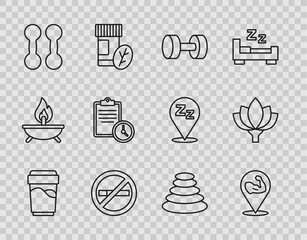 Set line Glass with water, Bodybuilder muscle, Dumbbell, No Smoking, Sport training program, Stack hot stones and Lotus flower icon. Vector