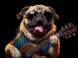 A pug dog rock star in sunglasses with a guitar. Artist and musician performs like rockstar. Generative Ai technology.