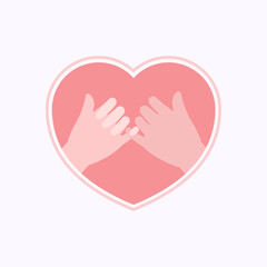 Two hands of lovers making a pinky promise in pink heart shaped frame silhouette flat design vector