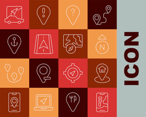 Set line City map navigation, Location with house, Compass, Unknown route point, anchor, and icon. Vector