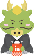 2024年の辰年年賀状に使える着物を着て福袋を持つ龍のイラスト