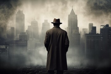 Obraz premium American man look at fog city. Generate Ai