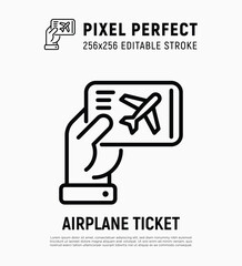 One way ticket on airplane in hand thin line icon. Editable stroke. Modern vector illustration.