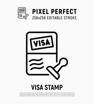 Visa Stamp In Passport Thin Line Icon. Immigration, Tourism. Editable Stroke. Vector Illustration.