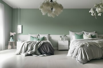 Light-colored bedroom and pastel green and gray duvet covers.modern bedroom. Morning concept - generative ai