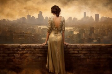 American woman look at city. Generate Ai