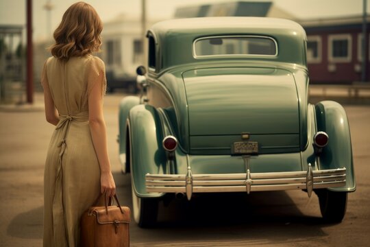 American woman near car 1920 year. Generate Ai