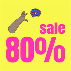 Banner with sale text. Offer poster with cute bright donuts