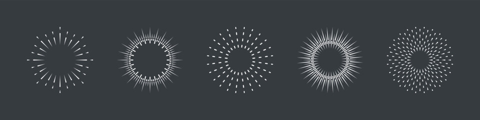 Sunburst Icon Set. Circle Sun Burst, Radial Light Pictogram. Sparkle Sunrise, Sunbeam, Round Ray, Firework Symbol Collection. Vintage Decorative. Abstract Starburst. Isolated Vector Illustration