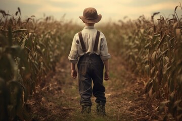American farmer boy at corn field. Generate Ai - obrazy, fototapety, plakaty