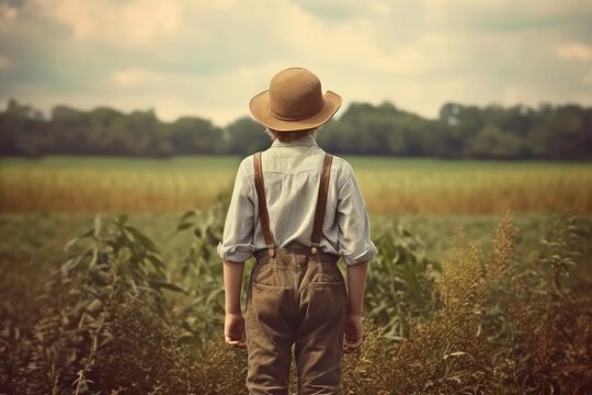 American farmer boy at field. Generate Ai