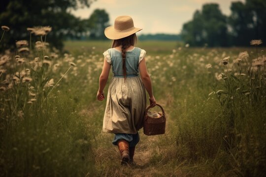 American girl farmer walk on flowers field. Generate Ai