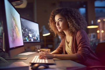 Fototapeta na wymiar Generative Ai. woman sitting at a desk using a computer with a keyboard and monitor