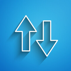 White line Arrow icon isolated on blue background. Direction Arrowhead symbol. Navigation pointer sign. Long shadow. Vector