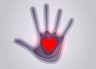 Paper human hand with heart. Concept of charity.