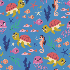 Sea animals seamless pattern. Cute seahorses and sea turtles swimming in the sea with jellyfish, seaweed and fish. Isolated elements on blue background. Hand-drawn vector illustration.