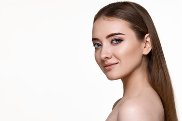 Fototapeta premium young woman with perfect skin on white background.