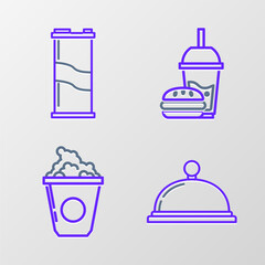 Set line Covered with a tray of food, Popcorn in cardboard box, Paper glass drinking straw and burger and Soda can icon. Vector