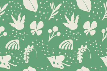 Abstract seamless pattern with organic shapes and flowers on a green background.