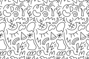 Retro 80's - 90's memphis seamless pattern with hand drawn doodle elements. Vector illustration.