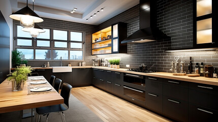 Obraz premium Contemporary Subway Tiles: Sophisticated Black and White Backsplash for a Modern Kitchen