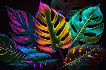 Abstract colorful tropical and exotic leaves, neon light, holography