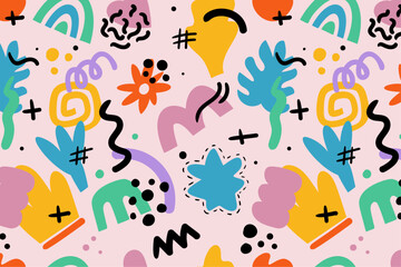 Abstract eamless pattern with colorful hand drawn doodle organic shapes. Vector illustration.