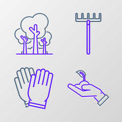 Obraz premium Set line Sprout in hand of environmental protection, Garden gloves, rake and Trees icon. Vector