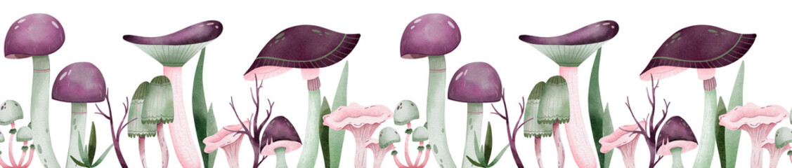 Border with forest objects - mushrooms, leaves, branch. Pattern in green and violet colors for print. Digital watercolor