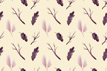 Autumn seamless pattern with leaves and branches. Digital watercolor with light yellow background for print, fabric