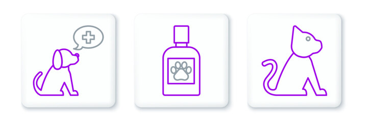 Set line Cat, Veterinary clinic symbol and Dog medicine bottle icon. Vector
