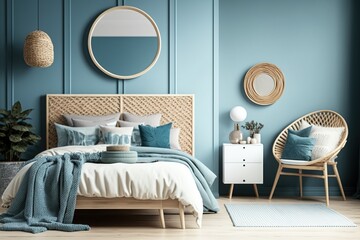 Close up of a mock up of a modern Scandinavian timber bedroom with blue toned rattan furniture, a double bed with a comforter and pillows, a mirror, and decorations