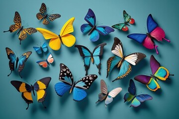 Colored butterflies in different colors on blue background