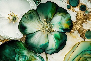 Flower marble texture with abstract green, white, glitter and gold background alcohol ink colors