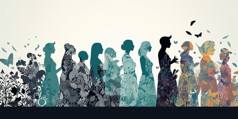 Composition people s silhouettes, filled with unique patterns and textures, emphasizing the beauty of individuality and unity, concept of Harmony in Diversity, created with Generative AI technology