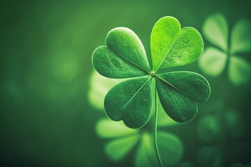 Four - leaf green clover for good luck on St. Patrick's Day, bright green background, holiday concept of spring - obrazy, fototapety, plakaty