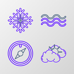 Set line Sun and cloud weather, Wind rose, Waves and Snowflake icon. Vector