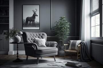 Grey relaxing room interior with couch, armchair and decoration