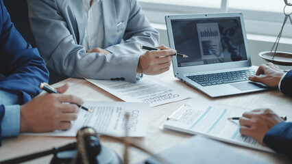 Business lawyer team. Working together judge counselor having team meeting with client discussing legal legislation at law firm, Law and Legal services concept.