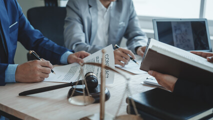 Business lawyer team. Working together judge counselor having team meeting with client discussing legal legislation at law firm, Law and Legal services concept.