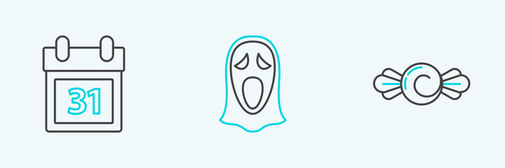 Set line Candy, Calendar with Halloween date 31 october and Funny scary ghost mask for icon. Vector