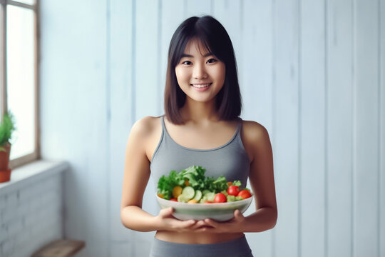 A bowl of healthy salad held by an Asian woman in exercise clothes, promoting good health and wellness at home. generative AI