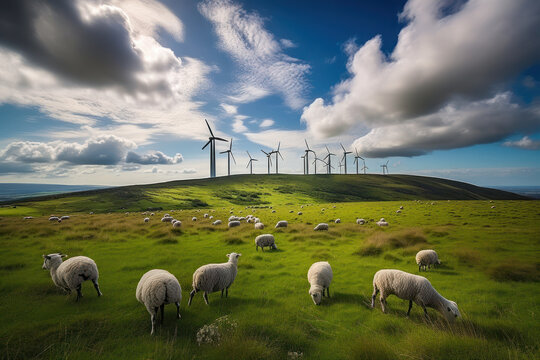 landscape with renewable energy with wind turbines on rural countryside with sheep. generative ai