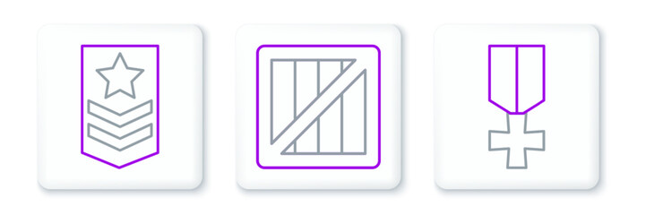 Set line Military reward medal, Chevron and ammunition box icon. Vector