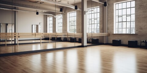 Dance studio with a polished wooden floor, mirrors, and ballet barres, ready for a group of friends to enjoy a dance class together, concept of Physical activity, created with Generative AI technology - obrazy, fototapety, plakaty