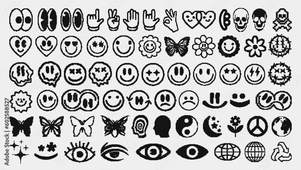 Leinwandbilder Set Of Pixel Smile Emoticons. Cool Collection Of Y2K Graphics. Acid Rave Abstract Geometric Shapes Vector Design. Retrofuturism Graphics.