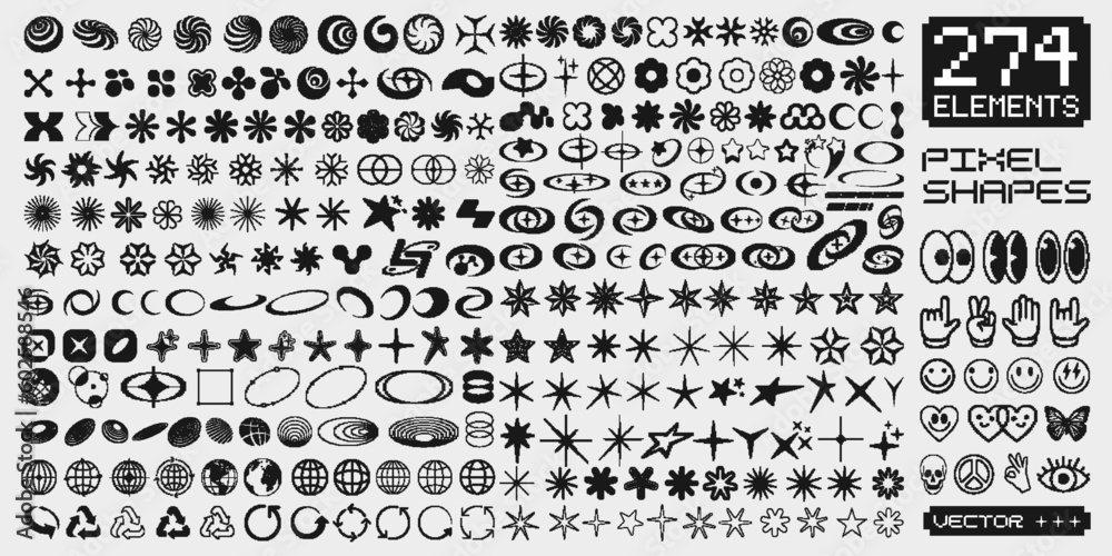 Leinwandbilder Set Of Retro Pixel Elements. Cool Collection Of Y2K Graphics. Acid Rave Abstract Geometric Shapes Vector Design.
